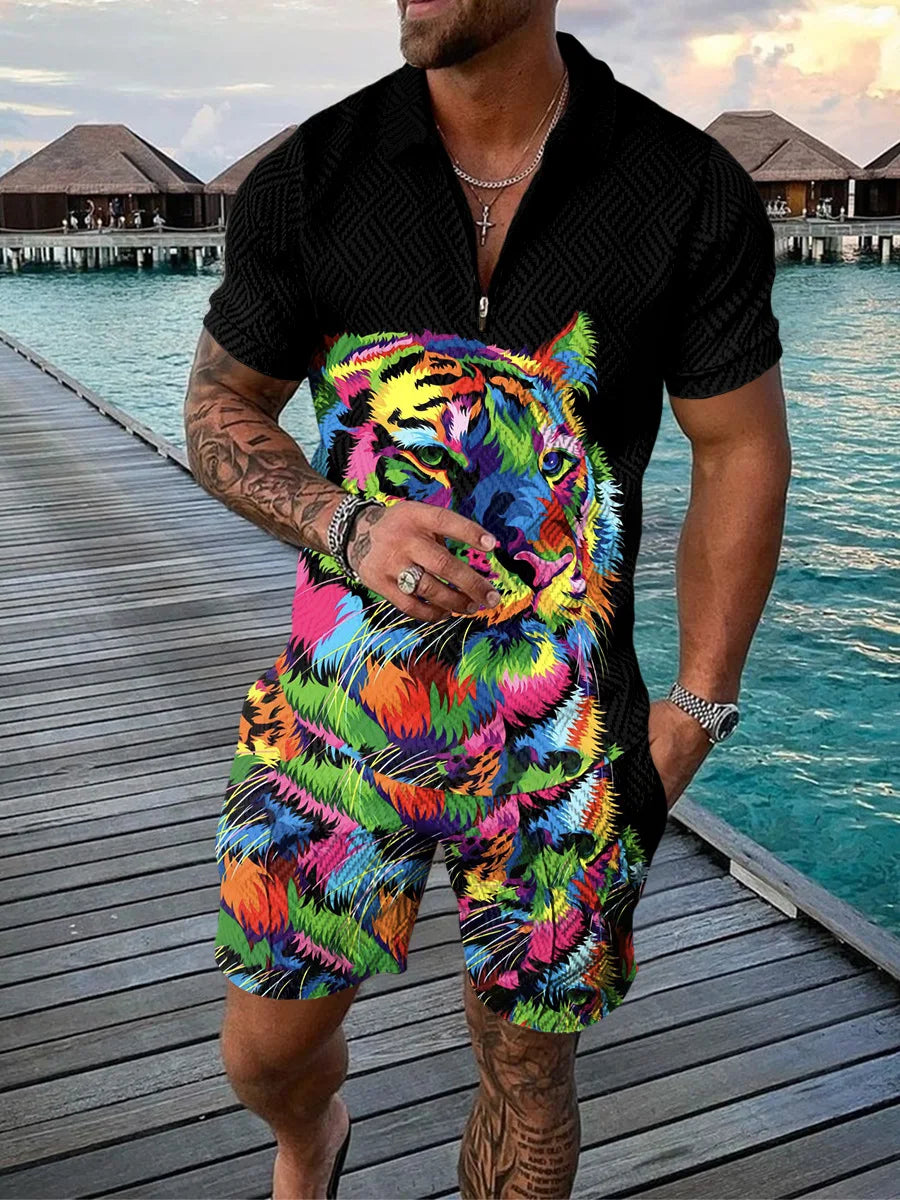 Vintage Hawaii 2-Piece 3D Tiger Print Polo & Shorts Set