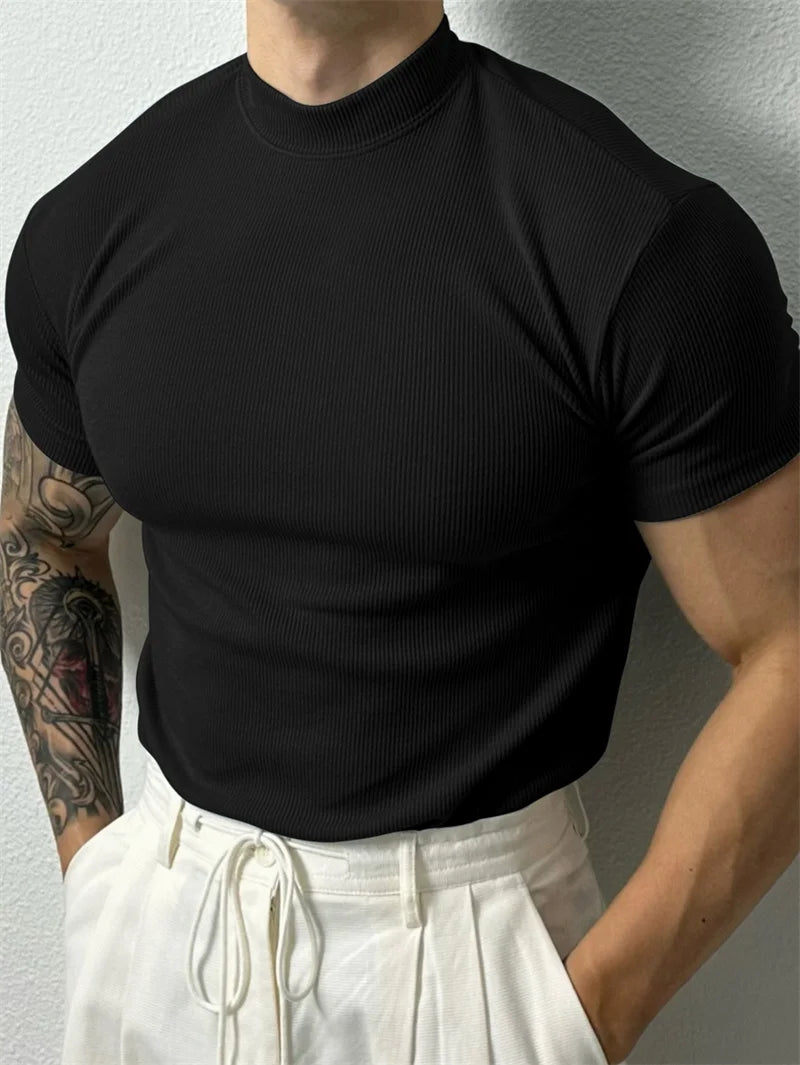 spring summer fashion Men's T-shirt Small high collar stripe shirt short sleeve fitness top leisure sport T-shirt Men sportswear