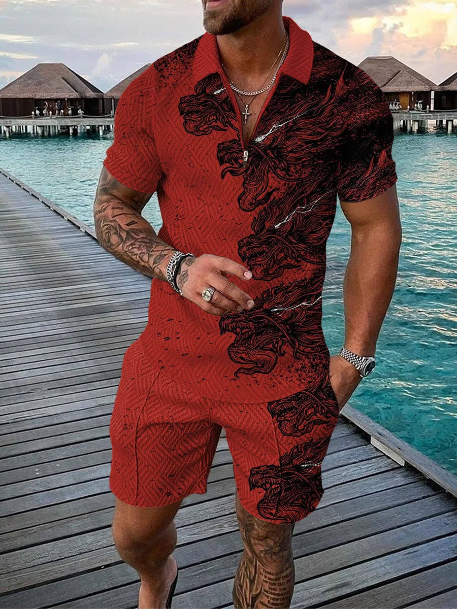 Vintage Hawaii 2-Piece 3D Tiger Print Polo & Shorts Set